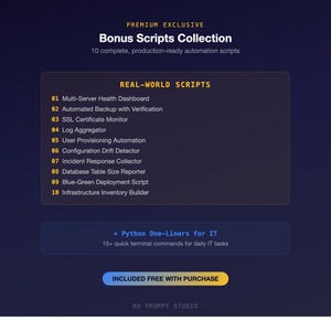 Pu&ograve; includere: Grafica blu scuro con il testo "PREMIUM EXCLUSIVE Bonus Scripts Collection" e "10 script di automazione completi e pronti per la produzione." Sotto, &egrave; presente un elenco di "REAL-WORLD SCRIPTS", seguito da "+ Python One-Liners for IT." &Egrave; visibile anche il testo "INCLUDED FREE WITH PURCHASE".