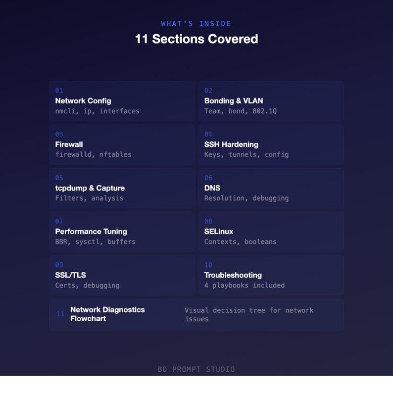 May include: A dark blue graphic with the text "WHAT'S INSIDE" and "11 Sections Covered." The image lists 11 sections, including Network Config, Firewall, tcpdump & Capture, and SSL/TLS. The image is from BO PROMPT STUDIO.