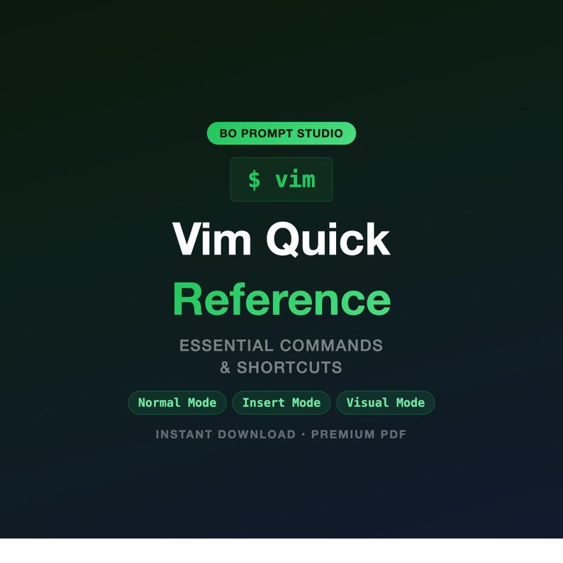 Puede incluir: Gr&aacute;fico digital sobre un fondo verde oscuro, con el texto "Vim Quick Reference" en blanco y verde. El gr&aacute;fico tambi&eacute;n incluye el texto "Essential Commands & Shortcuts" y las palabras "Normal Mode", "Insert Mode" y "Visual Mode".