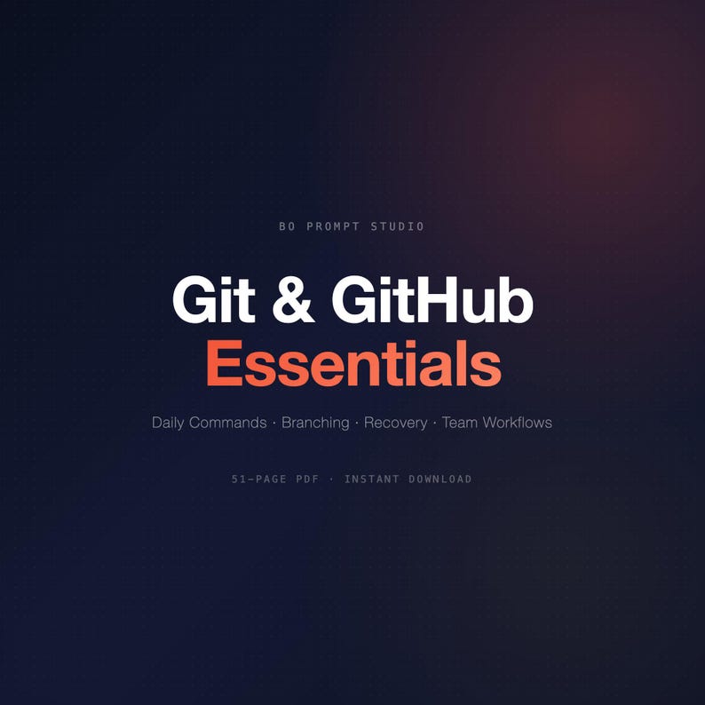 Pode incluir: Uma capa de produto digital com um fundo gradiente azul escuro e laranja. O t&iacute;tulo "Git & GitHub Essentials" est&aacute; em texto branco e laranja. O texto adicional inclui "Daily Commands, Branching, Recovery, Team Workflows" e "51-PAGE PDF - INSTANT DOWNLOAD."