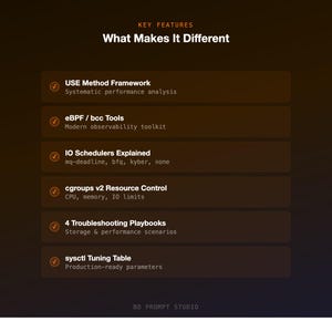 K&ouml;nnte beinhalten: Eine Grafik mit dem Text "KEY FEATURES" und "What Makes It Different." Sie listet Funktionen wie "USE Method Framework", "eBPF/bcc Tools", "IO Schedulers Explained", "cgroups v2 Resource Control", "4 Troubleshooting Playbooks" und "sysctl Tuning Table" auf.
