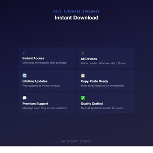 Pu&ograve; includere: Grafica blu scuro con testo bianco che recita "YOUR PURCHASE INCLUDES Instant Download". Sotto ci sono sei riquadri blu con testo bianco che descrivono funzionalit&agrave; come accesso immediato, aggiornamenti a vita e supporto premium. La parte inferiore della grafica recita "BO PROMPT STUDIO".