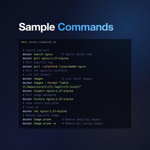 以下が含まれることがあります： 「Sample Commands」の白文字が書かれた濃い青色のグラフィック。その下に、Dockerの検索、プル、イメージ管理機能を含むコマンドを表示するコードブロックがあります。コマンドは明るい緑色のフォントです。