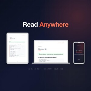 Pode incluir: Imagem digital com tablet, laptop e smartphone. Os dispositivos exibem o texto "Read Anywhere" e conte&uacute;do sobre "Advanced Git" e "Git & GitHub Essentials." A imagem tamb&eacute;m inclui o texto "51-PAGE PDF - INSTANT DOWNLOAD."
