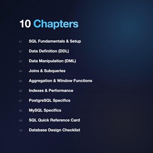 Op de afbeelding: Een donkerblauwe afbeelding met de tekst "10 Chapters" in wit en lichtblauw. Daaronder een lijst met hoofdstuktitels, waaronder "SQL Fundamentals & Setup", "Data Definition (DDL" en "Database Design Checklist".