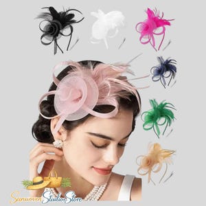 May include: A collection of feather fascinators in various colors, including black, white, pink, navy, green, and beige. Each fascinator features a central floral design with feathers and decorative accents. The Sunwoven Studio Store logo is at the bottom.
