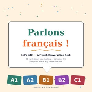 Può includere: Un mazzo di carte per la conversazione in francese con 80 carte che riportano il testo Parlons français! Let's talk! A French Conversation Deck. 80 cards to get you chatting — from your first bonjour all the way to real debates. Include livelli A1, A2, B1, B2, C1.