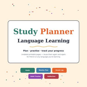 Op de afbeelding: Een studieplanner voor het leren van talen met een wit rechthoekig kader op een crèmekleurige achtergrond. De tekst luidt: Study Planner, Language Learning, Plan, practise, track your progress, Undated printable pages, Goals, Weekly Plan, Vocab Log, Habit Tracker, Reflection.