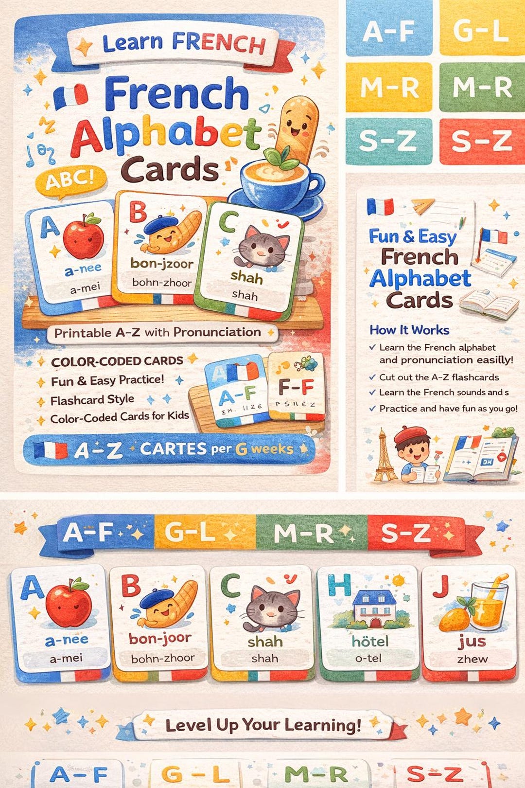 French Alphabet Flash Cards Printable for Kids With Pronunciation - Etsy