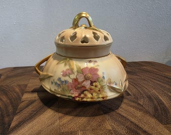 Antique Royal Worcester Blush Ivory Pot Pourri Bowl - Dated 1908 - Double Lids