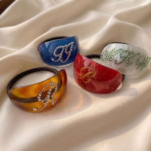 Personalized Acetate Hair Tie, Rhinestone Initial Elastic, Bridesmaid Wedding Favor