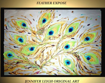 Origineel groot abstract schilderij moderne hedendaagse canvaskunst zilver goud blauwe pauwenveren 36 x 24" Paletmes textuur olie J.LEIGH