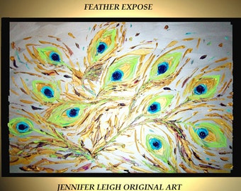 Original Large Abstract Painting Modern Contemporary Canvas Art Silver Gold Blue Peacock Feathers  36x24" Palette Knife Texture Oil J.LEIGH