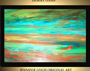 Original Large Abstract Painting Modern Acrylic Painting Oil Painting Canvas Art Green Gold Blue OASIS 36x24 Textured Wall Art  J.LEIGH