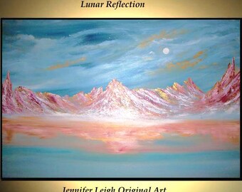 Original Large Abstract Painting Modern Acrylic Painting Oil Painting Canvas Art LUNAR REFLECTION Blue Gold 36x24 Textured Wall Art JLEIGH