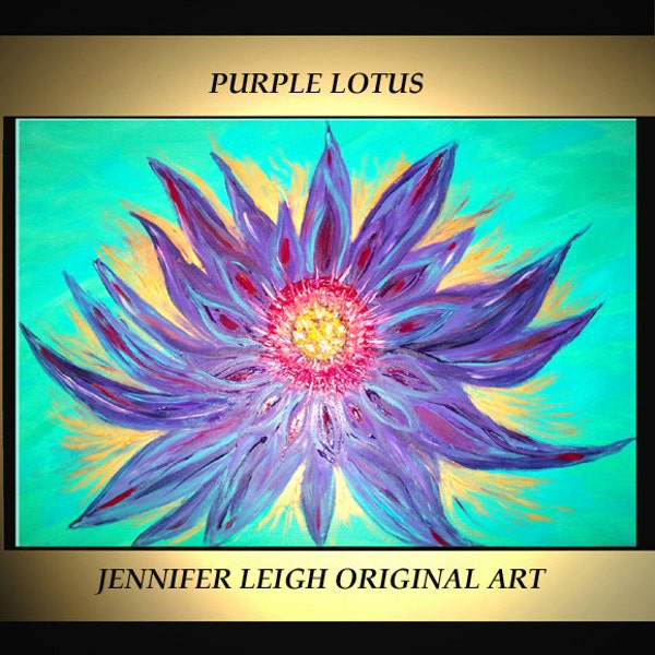 Original Large Abstract Painting Modern Contemporary Canvas Art Turquoise Purple LOTUS Flower 36x24 Palette Knife Texture Oil J.LEIGH