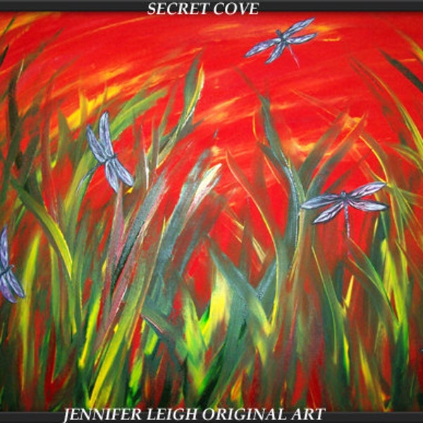 Original Large Abstract Painting Modern Contemporary Canvas Art 36x24 Dragonflies Orange Red Yellow Oil by J.LEIGH