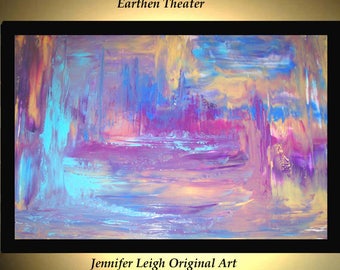 Original Large Abstract Painting Modern Acrylic Painting Oil Painting Canvas EARTHEN THEATER Blue Purple 36x24 Textured Wall Art  J.LEIGH