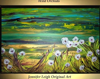 Original Large Abstract Painting Modern Acrylic Painting Oil Painting Canvas Art WILD ORCHIDS Green Blue Gold 36x24 Textured Wall Art JLEIGH