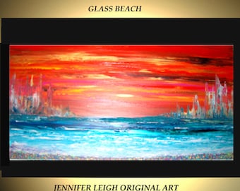 Original Large Abstract Painting Modern Contemporary Canvas Art Orange Yellow Blue GLASS BEACH 48x24 Palette Knife Texture Oil J.LEIGH