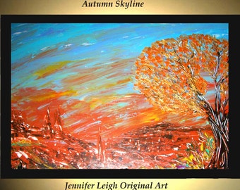 Original Large Abstract Painting Modern Acrylic Painting Oil Painting Canvas Art AUTUMN SKYLINE Blue Gold 36x24 Textured Wall Art  J.LEIGH