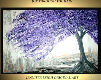 Made to Order Original Large Abstract Painting Modern Acrylic Oil Painting Canvas Art Silver White Purple Tree Rain  36x24" Texture  J.LEIGH