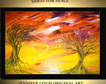 Original Large Abstract Painting Modern Acrylic Painting Oil Painting Canvas Art Orange Yellow Trees Sunset 36x24 Textured Wall Art  J.LEIGH