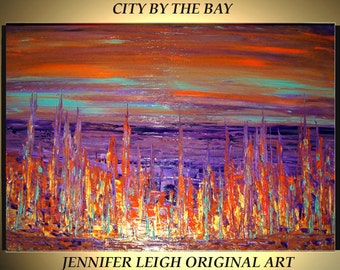 Original Large Abstract Painting Modern Contemporary Canvas Art Orange Gold Purple City By The Bay 36x24 Palette Knife Texture Oil J.LEIGH