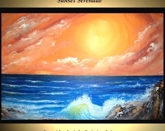 Original Large Abstract Painting Modern Acrylic Painting Oil Painting Canvas Art SUNSET SERENADE Blue Orange 36x24 Textured Wall Art JLEIGH