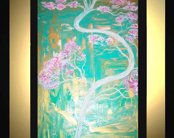 Original Large Abstract Painting Modern Acrylic Painting Oil Painting Canvas Art Gold PINK BONSAI Pink 36x24 Textured Wall Art  J.LEIGH