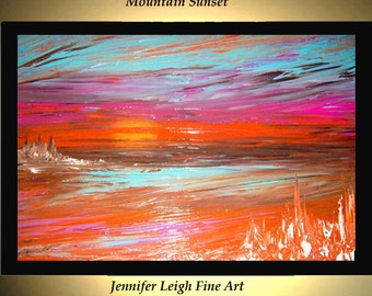 Original Large Abstract Painting Modern Acrylic Painting Oil Painting Canvas Art MOUNTAIN SUNSET Rust Blue 36x24 Textured Wall Art  J.LEIGH