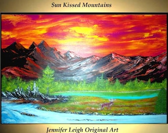 Original Large Abstract Painting Modern Acrylic Painting Oil Painting Canvas Art SUNKISSED MOUNTAINS Red Deer 36x24 Textured Wall Art JLEIGH