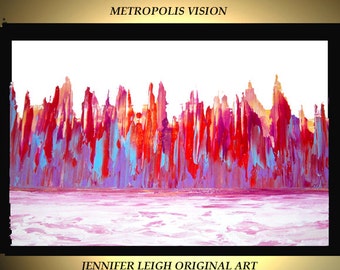 Original Large Abstract Painting Modern Contemporary Canvas Art Red Orange Blue City Skyline White Landscape 36x24 Texture Oil J.LEIGH