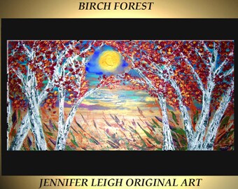 Original Large Abstract Painting Modern Contemporary Canvas Art Red Gold White "BIRCH FOREST" Trees 48x24 Palette Knife Texture Oil J.LEIGH