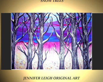 Original Large Abstract Painting Modern Contemporary Canvas Art Blue White Purple "SNOW TREES" Texture Oil  J.LEIGH