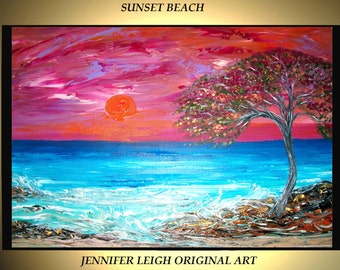 Original Large Abstract Painting Modern Contemporary Canvas Art Sunset Beach Ocean 36x24" Palette Knife Texture Oil J.LEIGH
