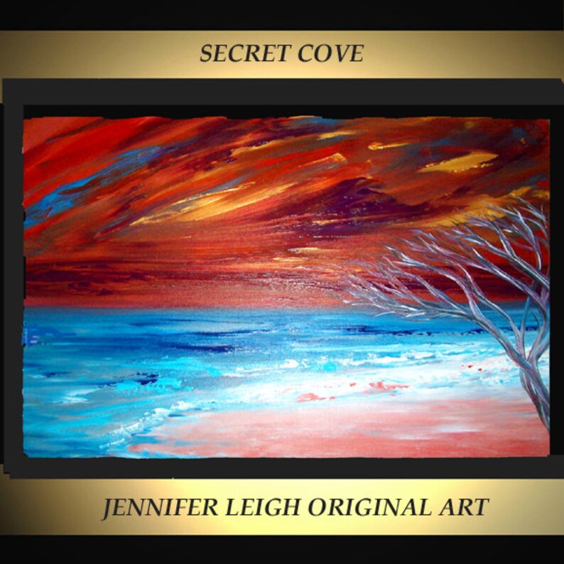 Original Large Abstract Painting Modern Contemporary Canvas Art Blue Gold Ocean SECRET COVE Tree 36x24 Palette Knife Texture Oil J.LEIGH image 1