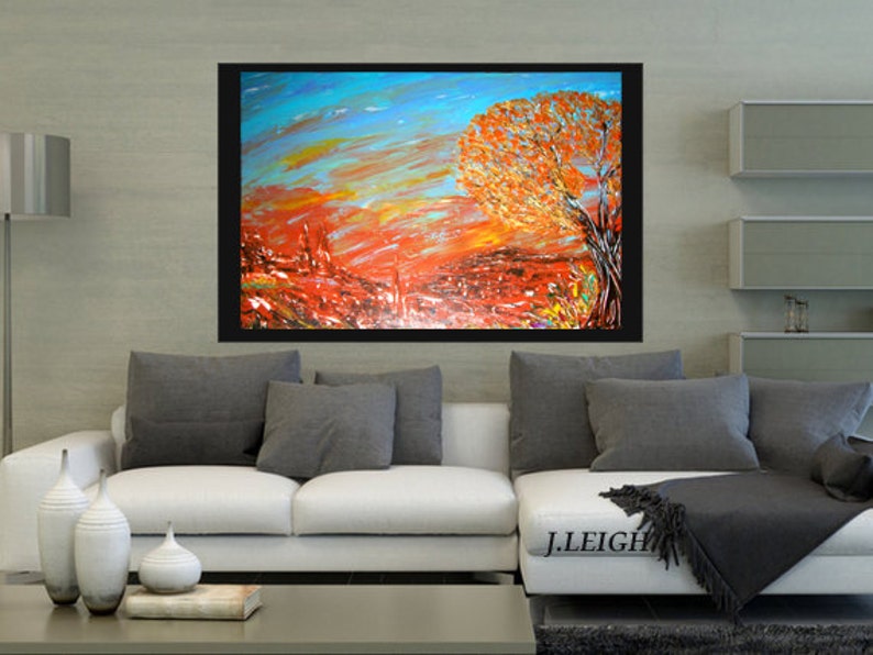 Original Large Abstract Painting Modern Acrylic Painting Oil Painting Canvas Art AUTUMN SKYLINE Blue Gold 36x24 Textured Wall Art J.LEIGH image 2