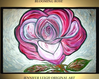 Large Abstract Painting Original Acrylic Painting Canvas Art Red Pink Silver White Rose Flower 36x24 Palette Knife Texture Oil J.LEIGH