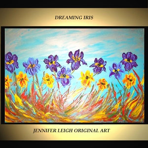 Pintura abstrata grande original, moderna, pintura a óleo acrílica, arte em tela, azul, roxo, amarelo, íris, flores, 36 &quot;x 24&quot;, arte de parede texturizada J.LEIGH