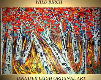 Original Large Abstract Painting Modern Contemporary Canvas Art Birch Trees Orange Gold Blue 36x24 Tree Palette Knife Texture Oil J.LEIGH