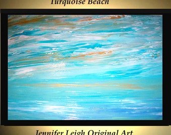Original grande peinture abstraite peinture acrylique moderne peinture à l'huile toile Art TURQUOISE BEACH bleu océan 36 x 24 texturé Art mural J.LEIGH