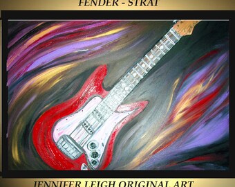 Original Gran Pintura Abstracta Moderna Contemporánea Lienzo Arte Rojo Dorado Púrpura Fender Strat Guitarra 36x24 Espátula Textura Óleo J.Leigh