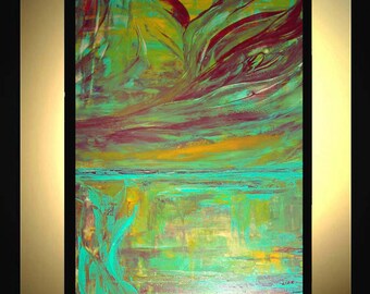 Original Large Abstract Painting Modern Acrylic Painting Oil Painting Canvas Art BOTANICAL SONATA Green Red 36x24" Textured Wall Art JLEIGH