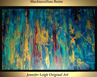 Original Large Abstract Painting Modern Acrylic Painting Oil Painting Canvas Art MACHIAVELLIAN RUINS Blue 36x24" Textured Wall Art JLEIGH