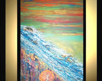 Original Large Abstract Painting Modern Acrylic Painting Oil Painting Canvas Art SEA CLIFF Green Blue Gold 36x24" Textured Wall Art  J.LEIGH