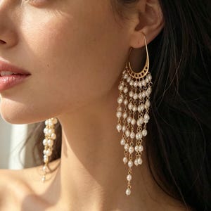 Pendientes De Perlas Cascada, Pendientes Largos Dorados Con Estilo Elegante