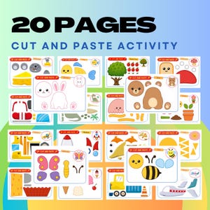 May include: A collection of 20 pages of cut and paste activity sheets featuring colorful, cartoon-style illustrations of animals, vehicles, food, and nature. Each page includes individual components to be cut out and assembled into a complete image.
