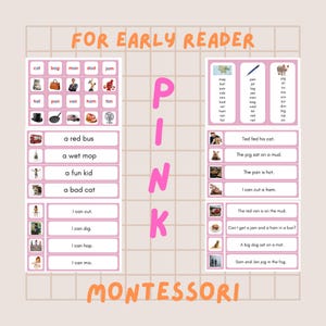 May include: Educational Montessori learning materials for early readers. The image features pink flashcards with words and sentences, along with corresponding illustrations. The text "FOR EARLY READER" and "MONTESSORI" are visible.