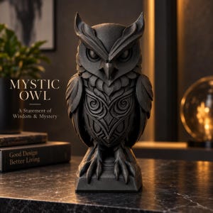 May include: A matte black owl figurine featuring intricate carved patterns on its chest, pointed ear tufts, and sharp talons. The text MYSTIC OWL A Statement of Wisdom & Mystery is visible to the left of the sculpture on a dark background.